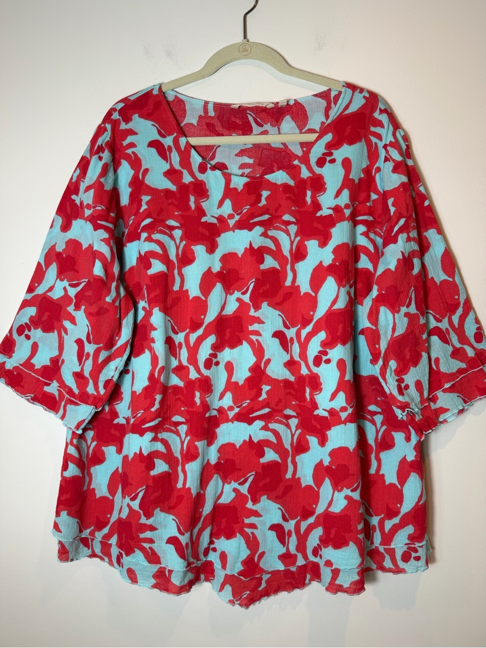 Soft Surroundings Siesta Key Floral Flowy Lightweight Tunic Top Red Aqua Blue 1X
